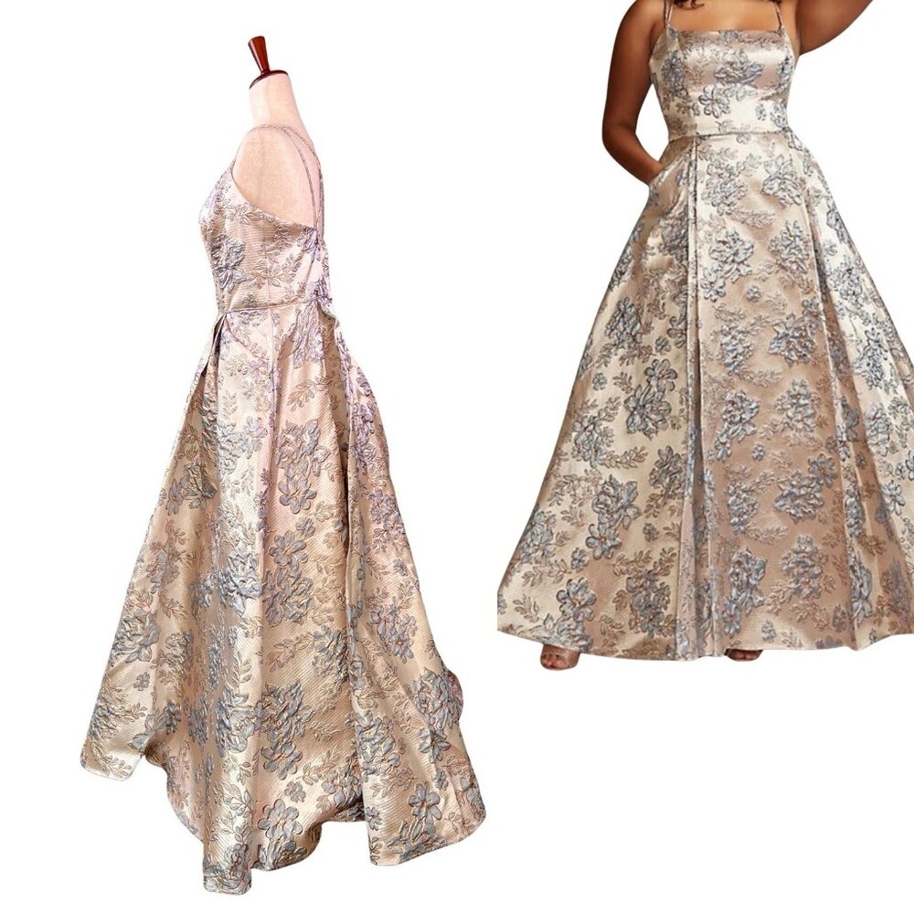 Blondie Nites Junior 11 Metallic Gold Blue Floral Fairycore Ball Gown Prom Dress - Picture 3 of 16